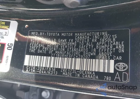 2015 Toyota Corolla Le from USA, damaged, VIN 2T1BURHE6FC429207